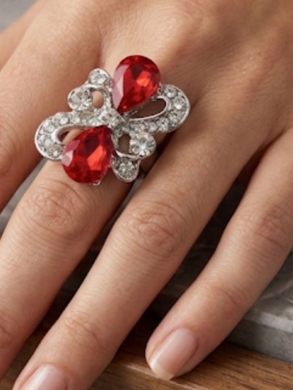 Elegant Red Crystal Bow Ring with Clear Rhinestones
